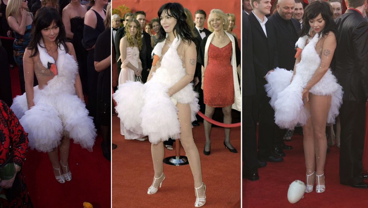 Icelandic musician Bjork's 73rd Academy Awards dress is not only one of the most iconic red carpet outfits ever (the ruffled number even has its own Wikipedia page), but also among the most awkward. Folks who thought she dropped her clutch while walking toward the ceremony venue were surprised to see she dropped a sizable egg, on purpose, out of her swan dress. We'll let you argue about how good she looked in the ensemble, but we will say this: Bjork's Oscar cameo sure reminded us of Hans Christian Andersen's tale of a duckling that didn't quite fit in.