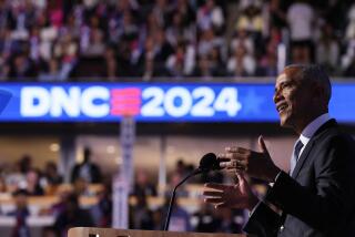 Chicago, Ill, Tuesday, August 20, 2024 - Former President Barack Obama delivers a speech at the Democratic National Convention at the United Center. (Robert Gauthier/Los Angeles Times)