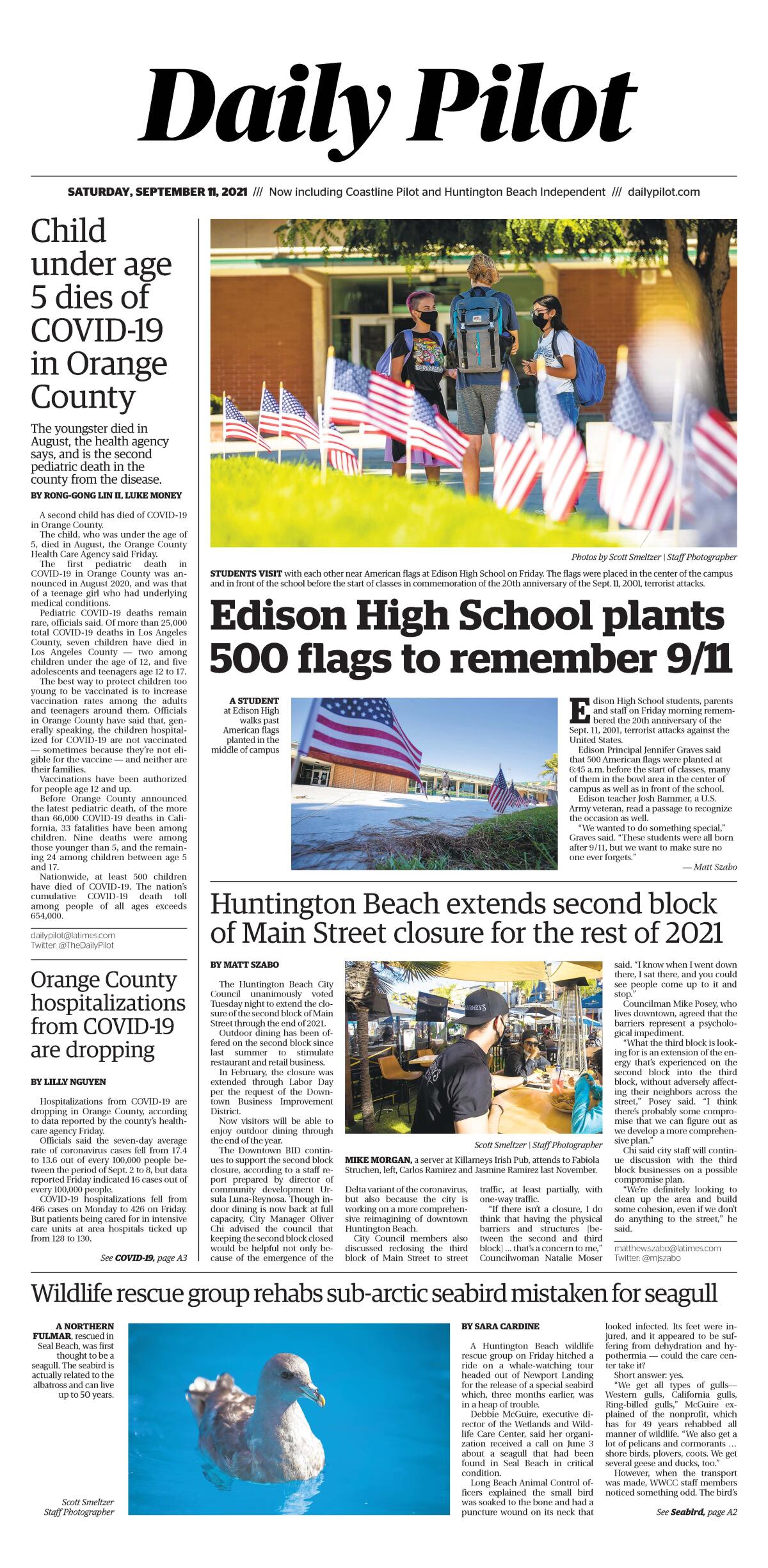 Front page of Daily Pilot e-newspaper for Saturday, Sept. 11, 2021.