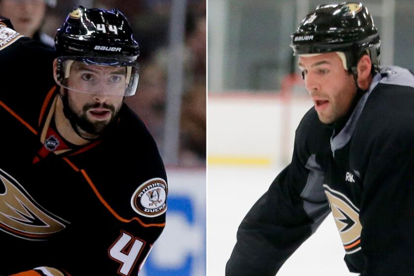 Ducks defensemen Nate Thompson, left, and Clayton Stoner are hoping to make a big impact on the blueline this season.