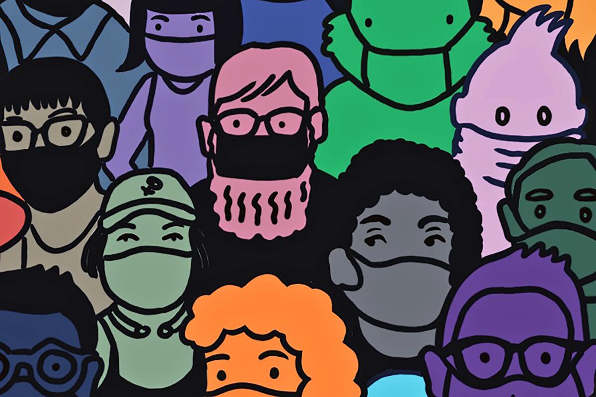 Illustration of multiple people wearing masks, standing together
