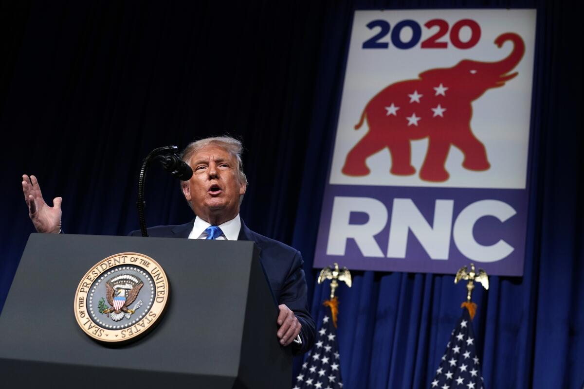 President Trump speaks in Charlotte, N.C., on Monday, the first day of the Republican National Convention.