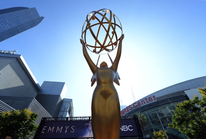 A giant Emmy statue outside Staples Center in 2018.