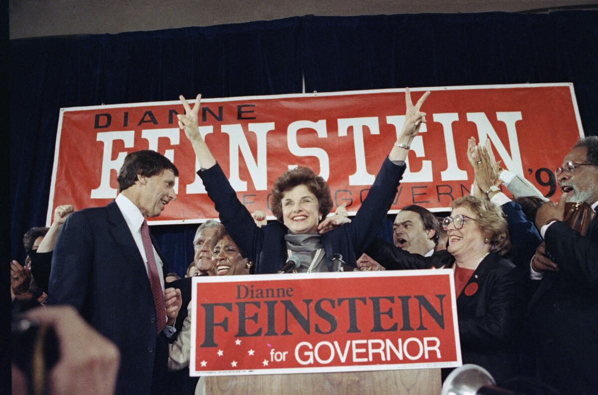 Dianne Feinstein waves to supporters in San Francisco on June 6, 1990 after winning her party's nomination for governor.