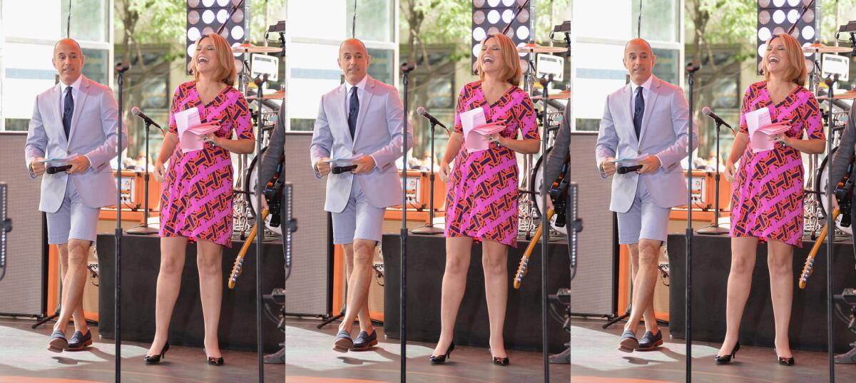 Matt Lauer rocks a short-suit while Savannah Guthrie completely cracks up before a live performance by Fall Out Boy on the "Today" show Friday.