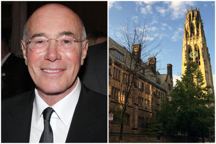 A diptych of David Geffen and the Harkness Tower on the campus of Yale University in New Haven, Conn. Credit: Beth J. Harpaz/AP Photo;Bruce Glikas/FilmMagic