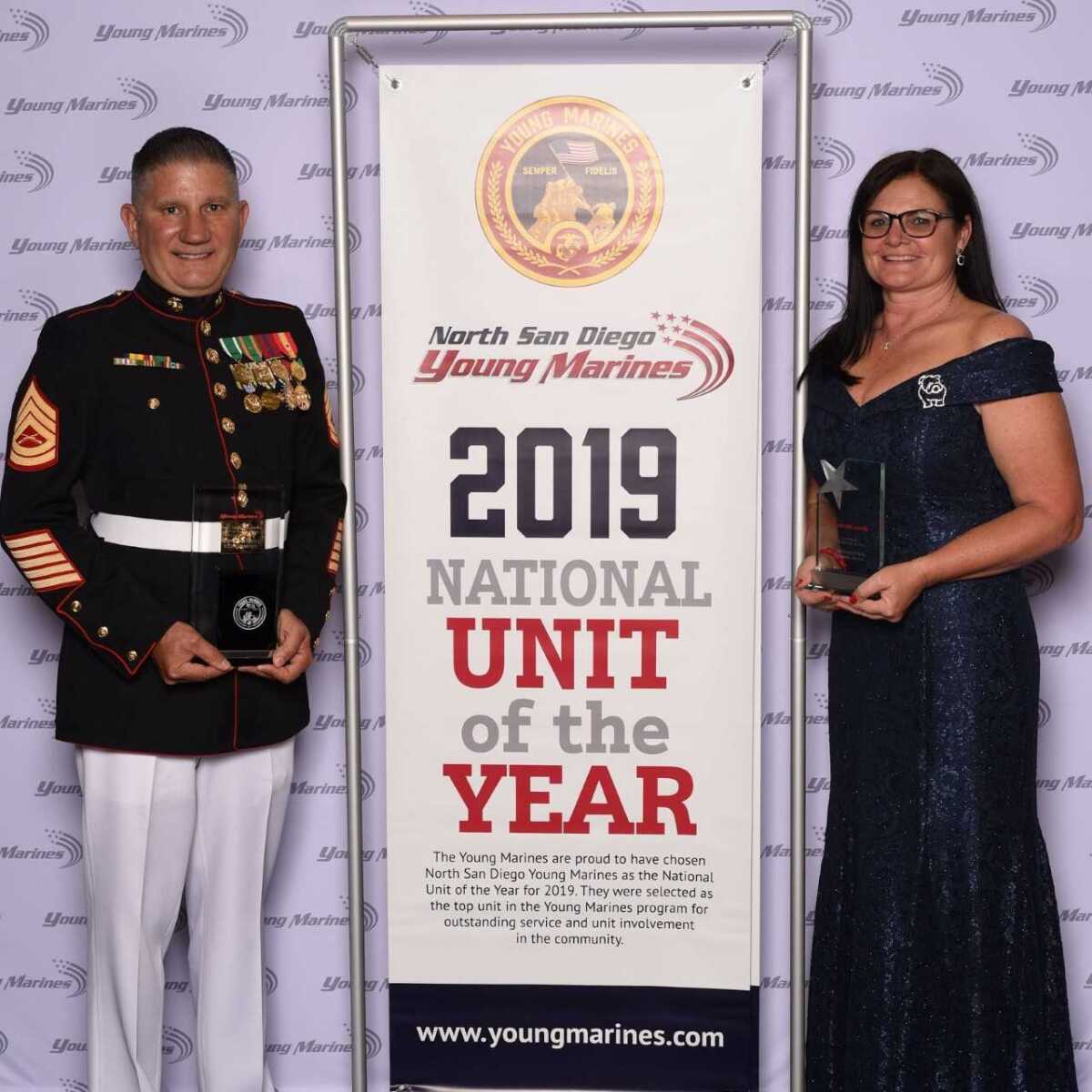 Cal Grimes, unit commander of North San Diego Young Marines and Marie Smith, adjutant of North San Diego Young Marines, at the Young Marines Adult Leaders Conference in Orlando, Fla., after they won “National Unit of the Year” for 2019.