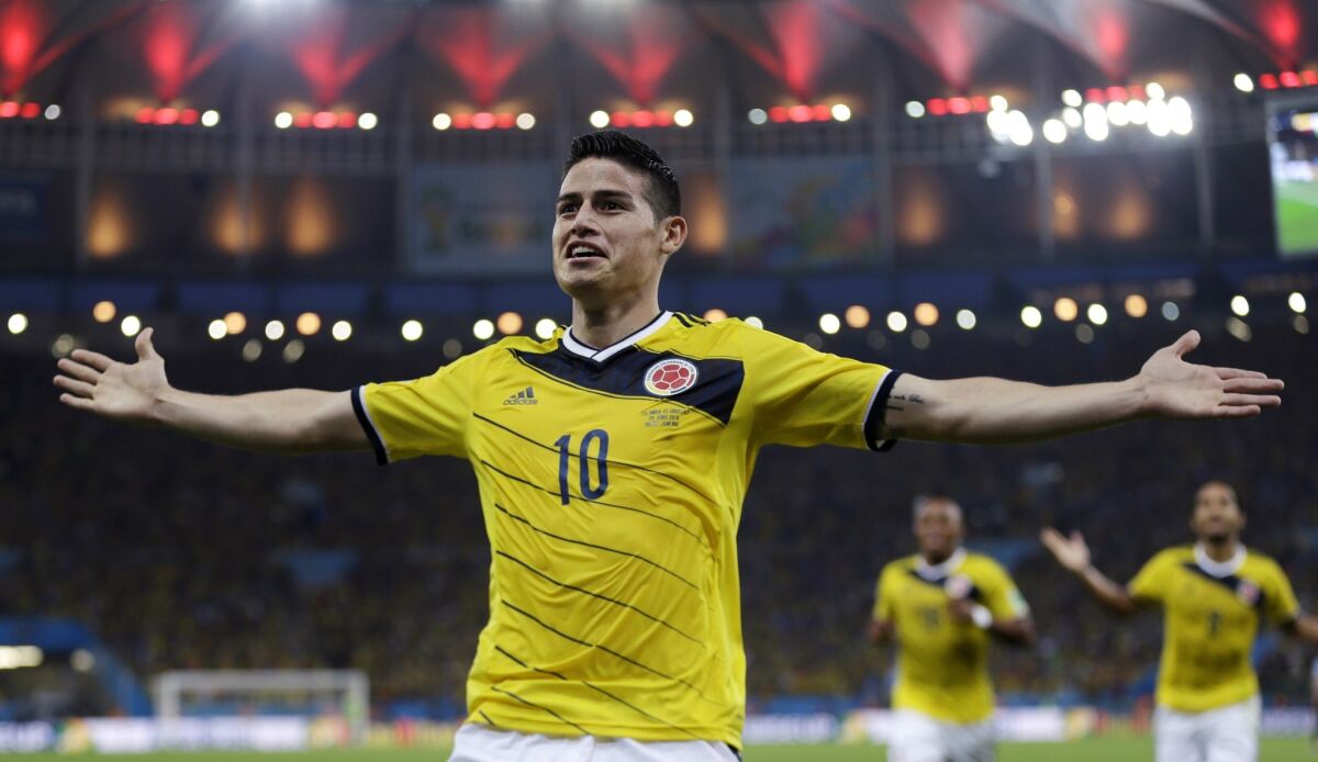 James Rodriguez, 22, leads all scorers with five goals in the World Cup for Colombia, which will play host Brazil in a quarterfinal match Friday.