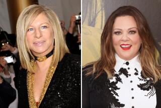 Barbra Streisand in a black, sparkly jacket and black chocker. A photo of Melissa McCarthy in a black and white dress top