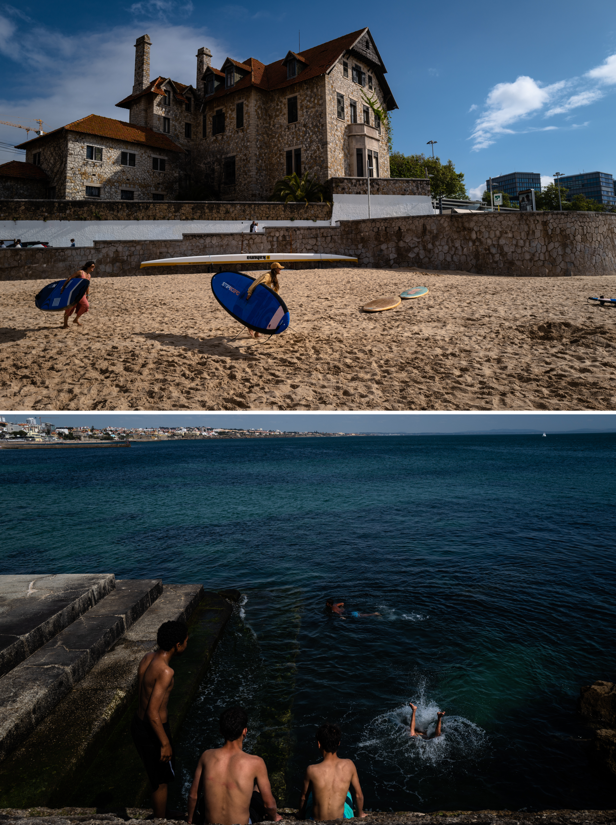 In top photo, two women carry surfboards at a beach. In the bottom photo, swimmers dive into the blue waters. 