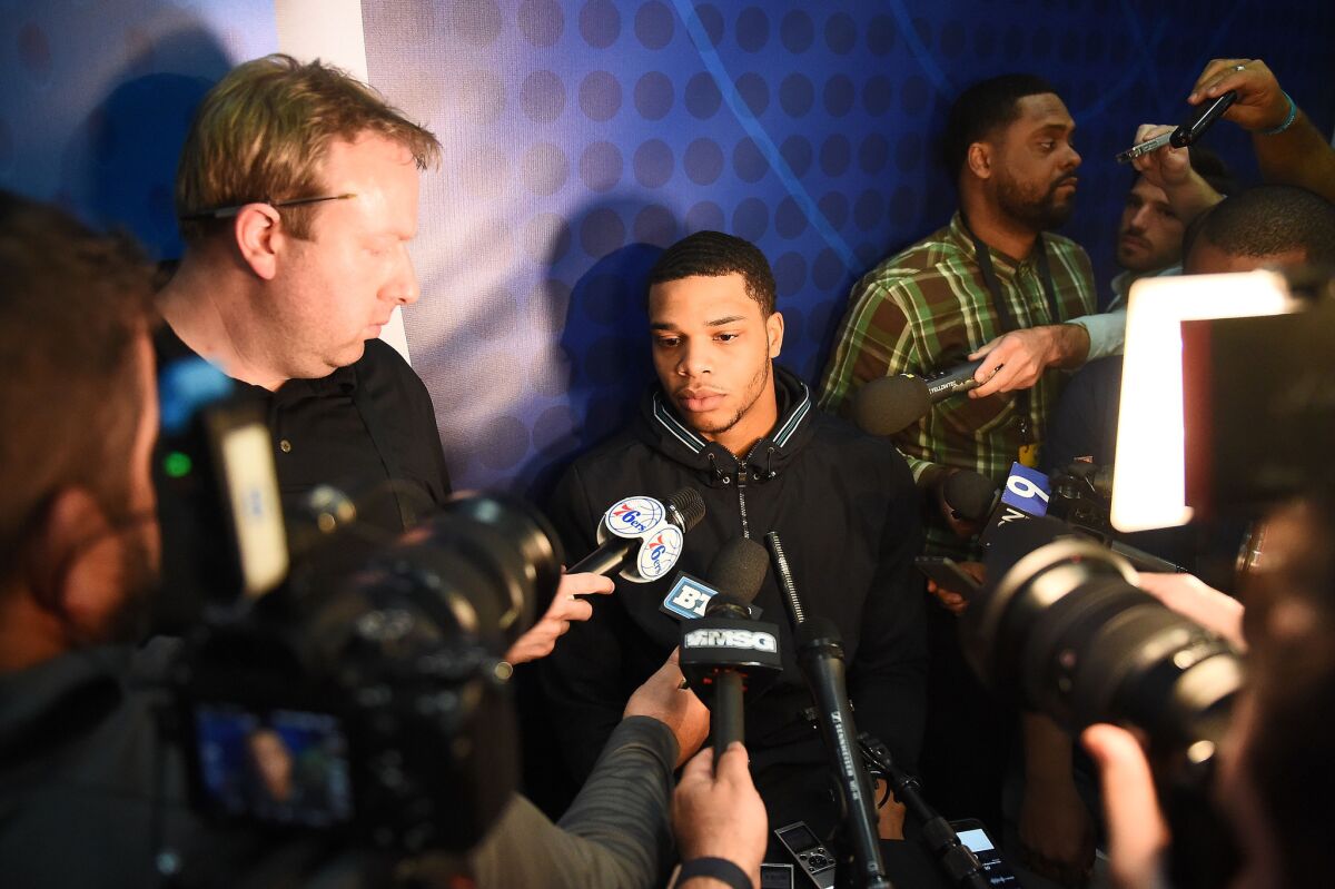 Miles Bridges listens to a question during a media session at the NBA combine on Thursday at Quest MultiSport Complex in Chicago.