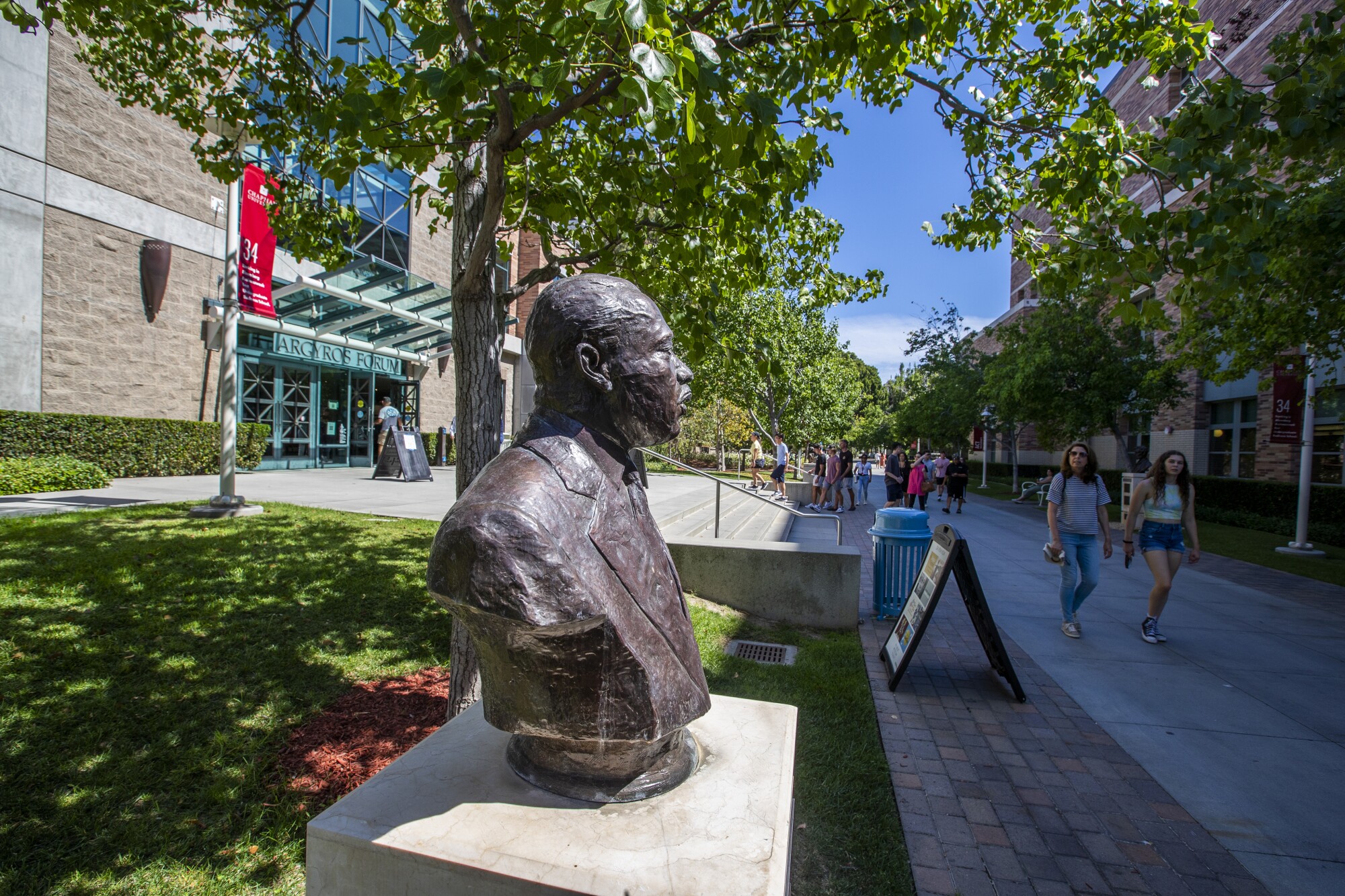 A bronze bust of the Reverend Martin Luther King Jr. is located on the campus of Chapman University 