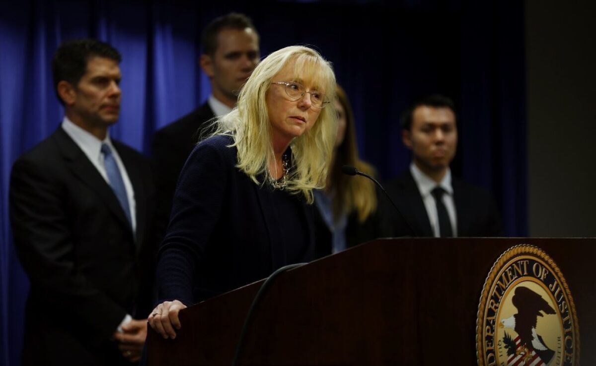 U.S. Atty. Eileen M. Decker, seen here in a file photo, announced sex trafficking charges against a Los Angeles Unified School District police officer on Wednesday.