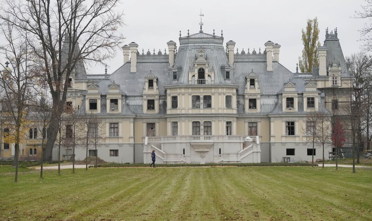 A general view of the palace of the Sobanski family in Guzow, near Warsaw, undergoing extensive renovation after decades of World War II and communist-era damage, in Guzow, Poland, on Thursday, Oct. 28, 2021. A Warsaw court on Tuesday, Nov. 16 confirmed the arrest order for a Polish businessman who is a descendent of one Poland's aristocratic families, in a case highlighting problems still resulting from the communist era regime's seizure of private property after World War II. Michal Sobanski, a 46-year-old businessman, has been held in isolation in a prison in the western Polish city of Wroclaw since June. (AP Photo/Czarek Sokolowski)
