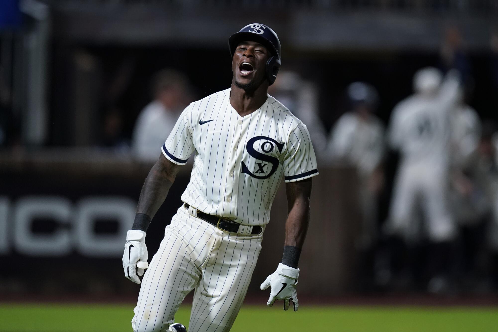 White Sox shortstop Tim Anderson celebrates his walk-off home run against the Yankees in the ninth inning.