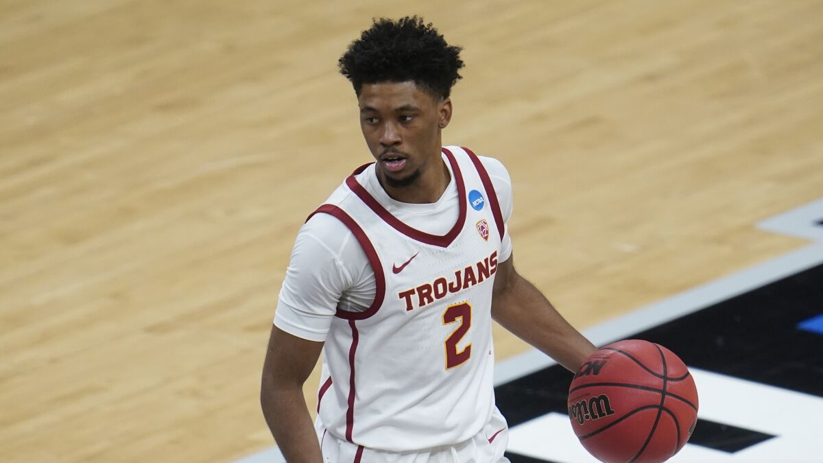 USC guard Tahj Eaddy plays against Drake in the first round of the NCAA tournament on March 20.