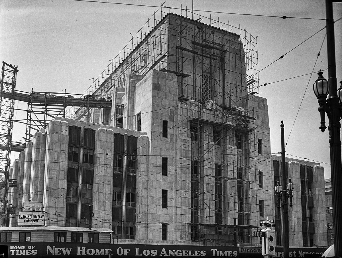 Los Angeles Times building under construction at the corner of First and Spring in downtown Los Angeles