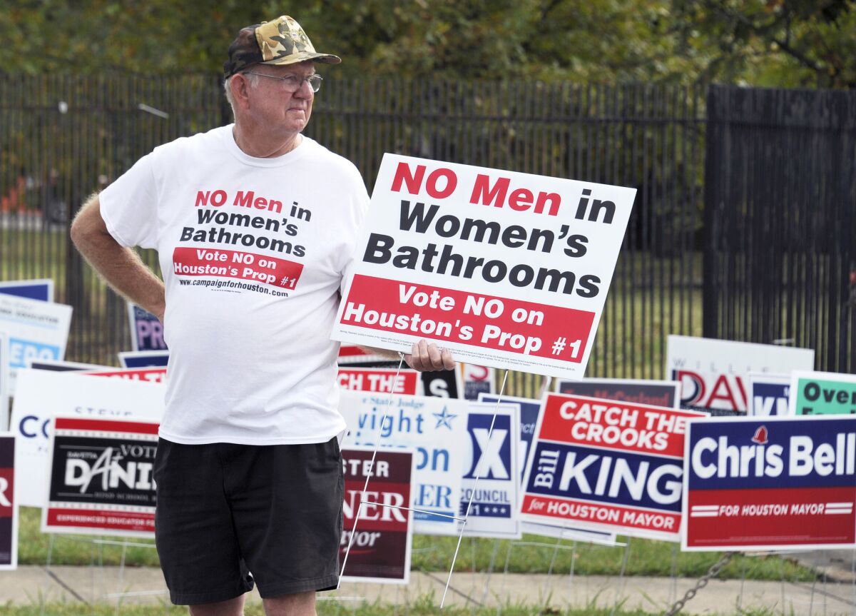A man urges people to vote against the Houston Equal Rights Ordinance.