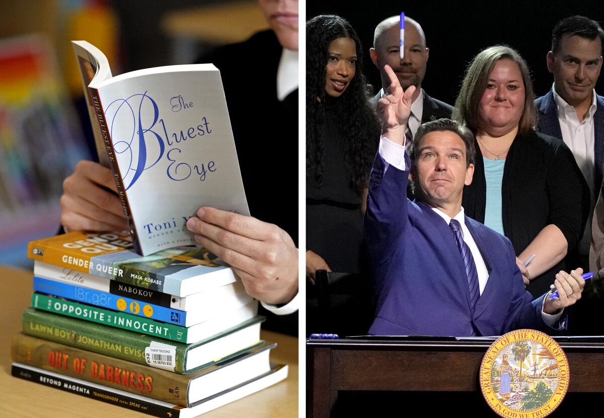 Hands hold open "The Bluest Eye" atop a stack of banned books, right; left, a man in a suit at a podium gestures skyward.