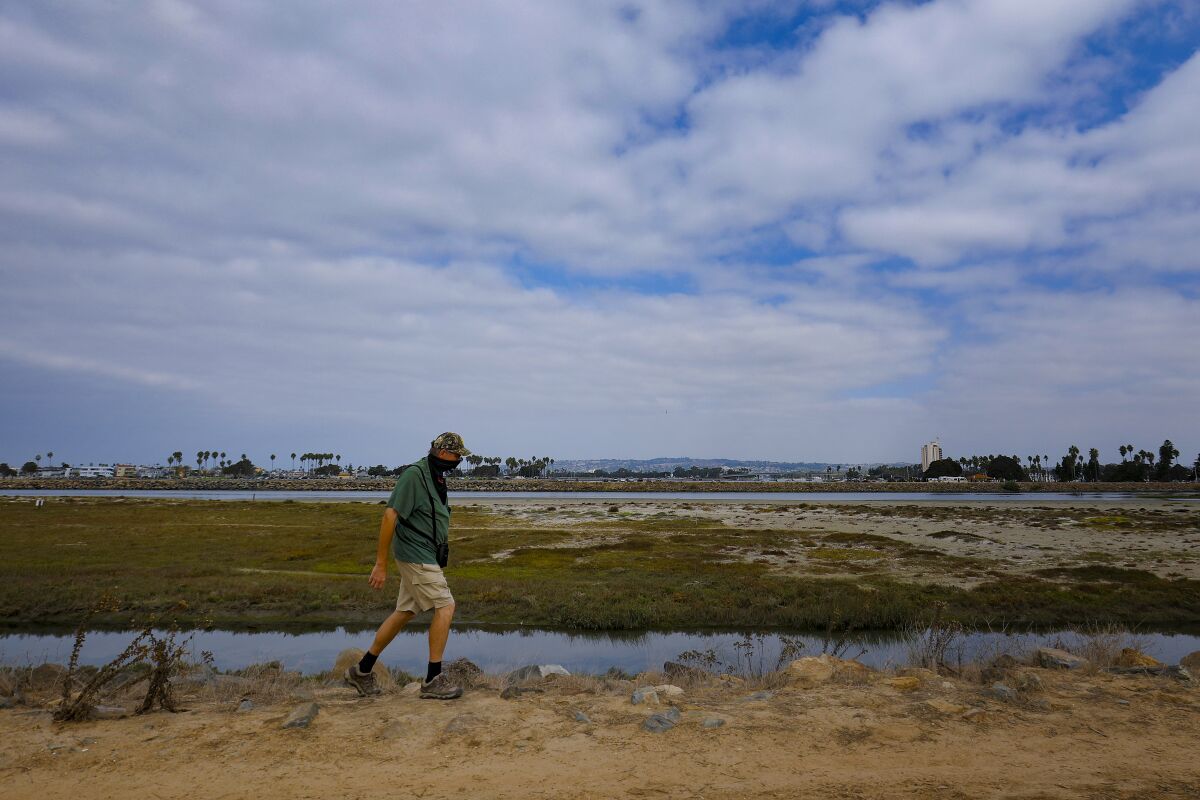 Naturalist B.J. Stacey walks the banks along the San Diego River. 