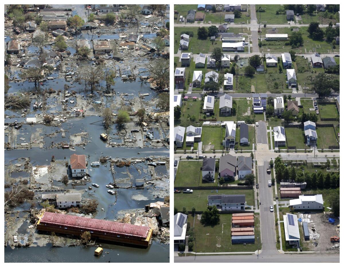 This combination of Sept. 11, 2005 and July 29, 2015 aerial photos show the Lower Ninth Ward of New Orleans flooded by Hurricane Katrina and the same area a decade later. Before Katrina, the Lower Ninth Ward was a working-class and predominantly African-American neighborhood just outside the city's historic center. (AP Photo/David J. Phillip, Gerald Herbert)