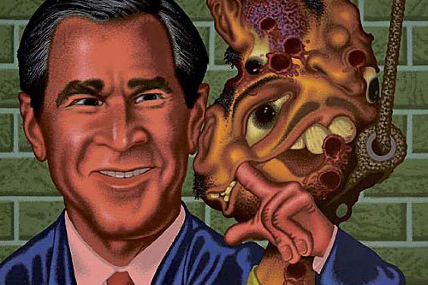 'Bush at Abu Ghraib': Peter Saul's colorful painting features President George W. Bush and an Iraqi victim.