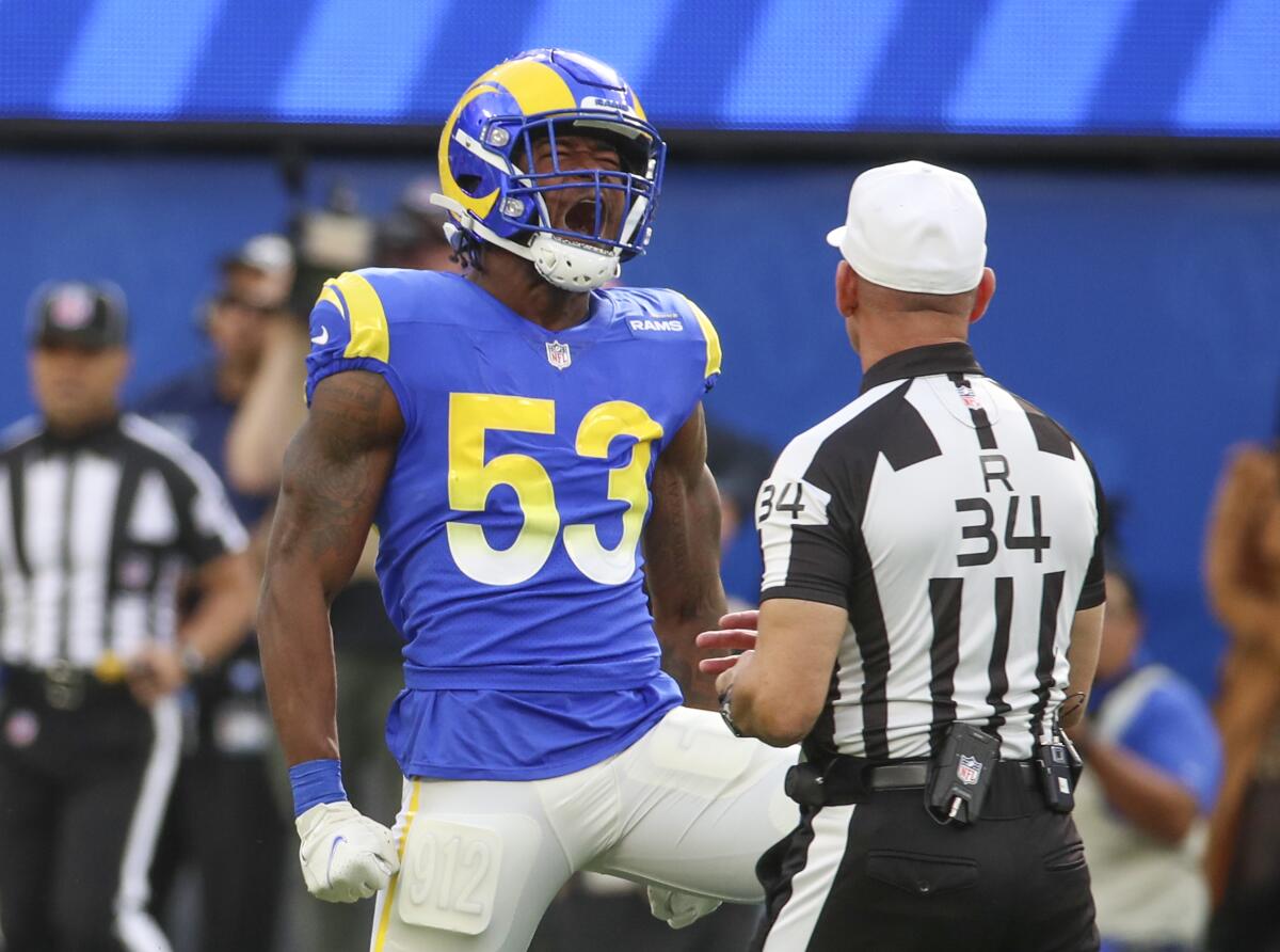  Rams inside linebacker Ernest Jones celebrates a tackle.