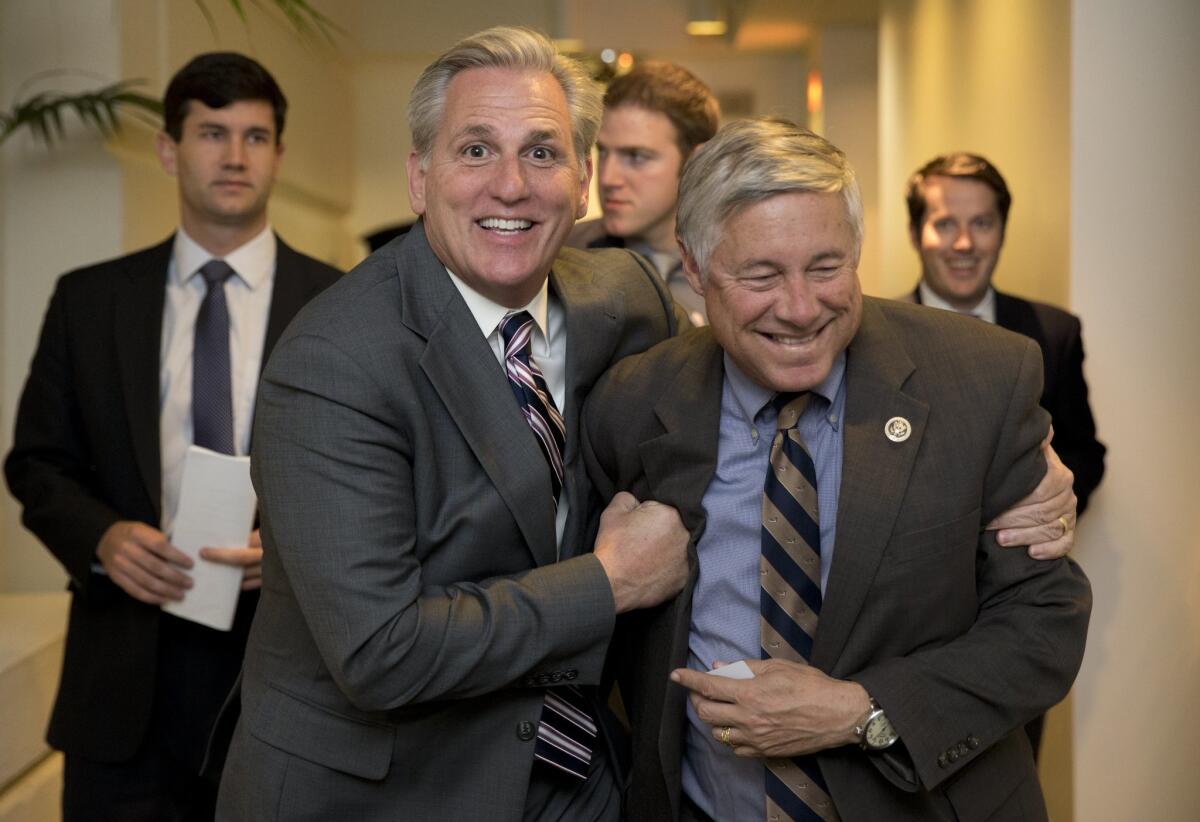 House Majority Leader Kevin McCarthy (R-Bakersfield), left, with Rep. Fred Upton (R-Mich.) after a meeting Monday.