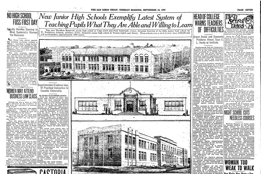 A page from the San Diego Union and Daily Bee, Sept. 19, 1922, with sketches of three new schools