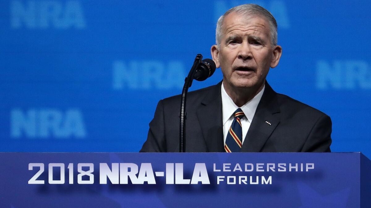 Lt. Col. Oliver North speaks at the NRA-ILA Leadership Forum in Dallas on May 4.
