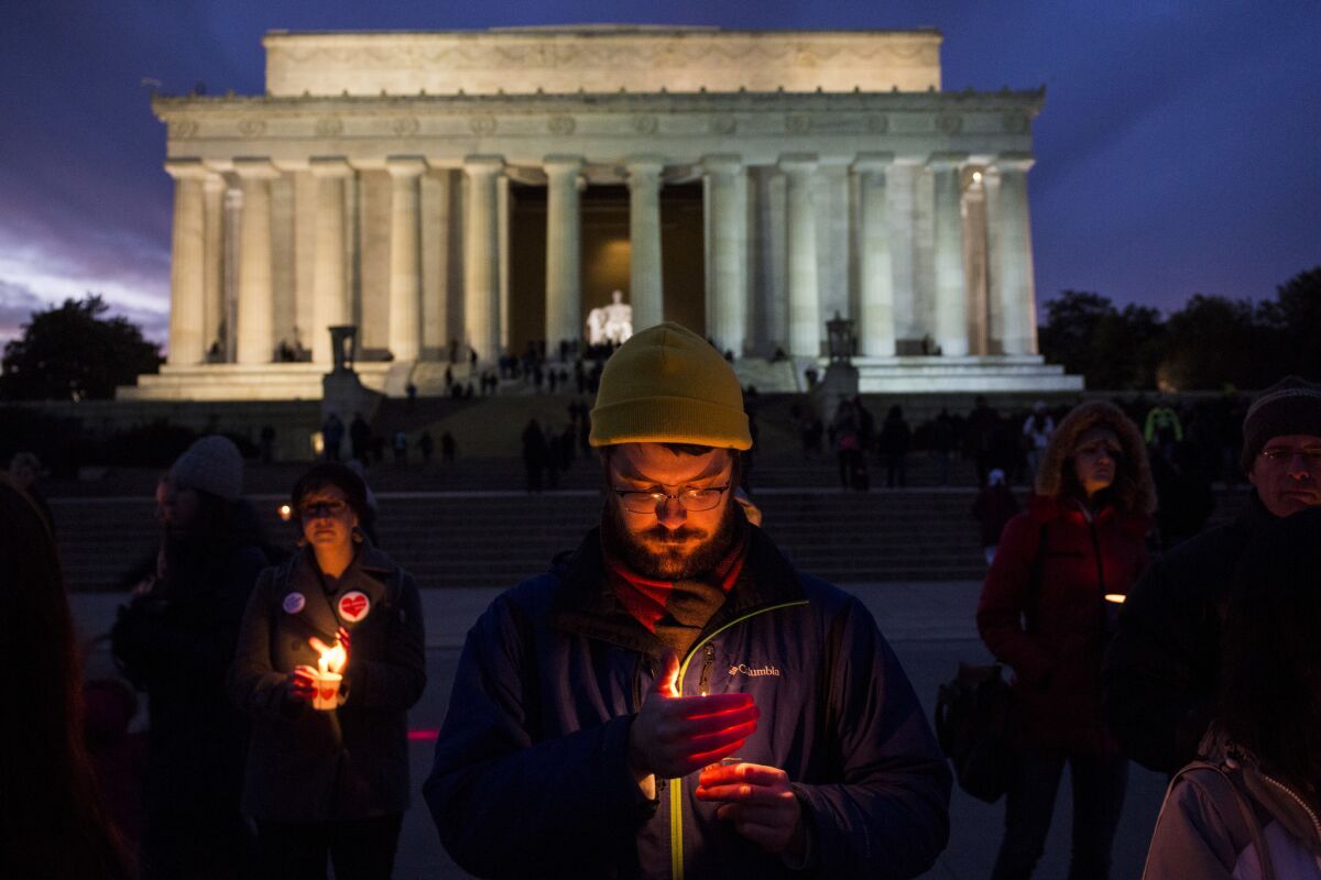 A vigil in front of the Lincoln Memorial on Feb. 4, 2017 in Washington was held in solidarity with protests against President Trump's travel ban.