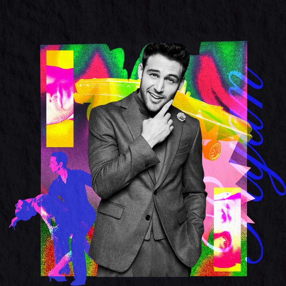 A photo illustration of Ryan Guzman, in a suit, against a colorful background, one finger along his jawline