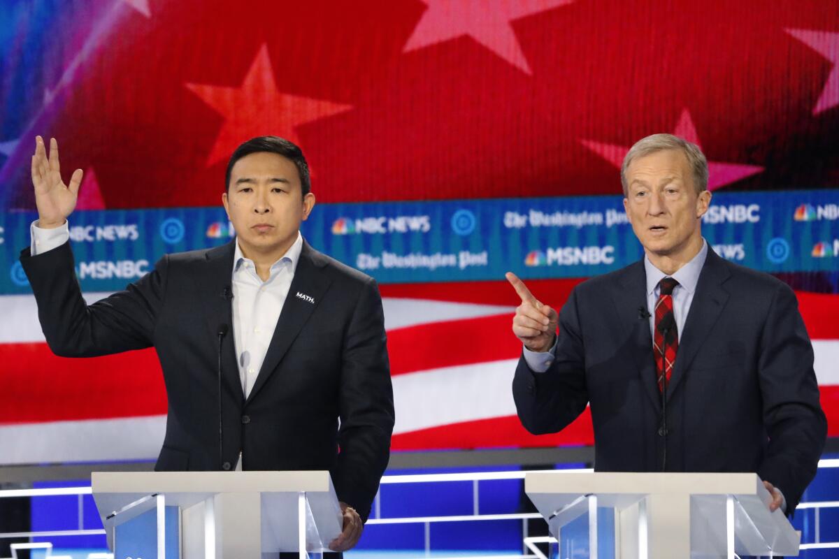 Andrew Yang and Tom Steyer in the debate.