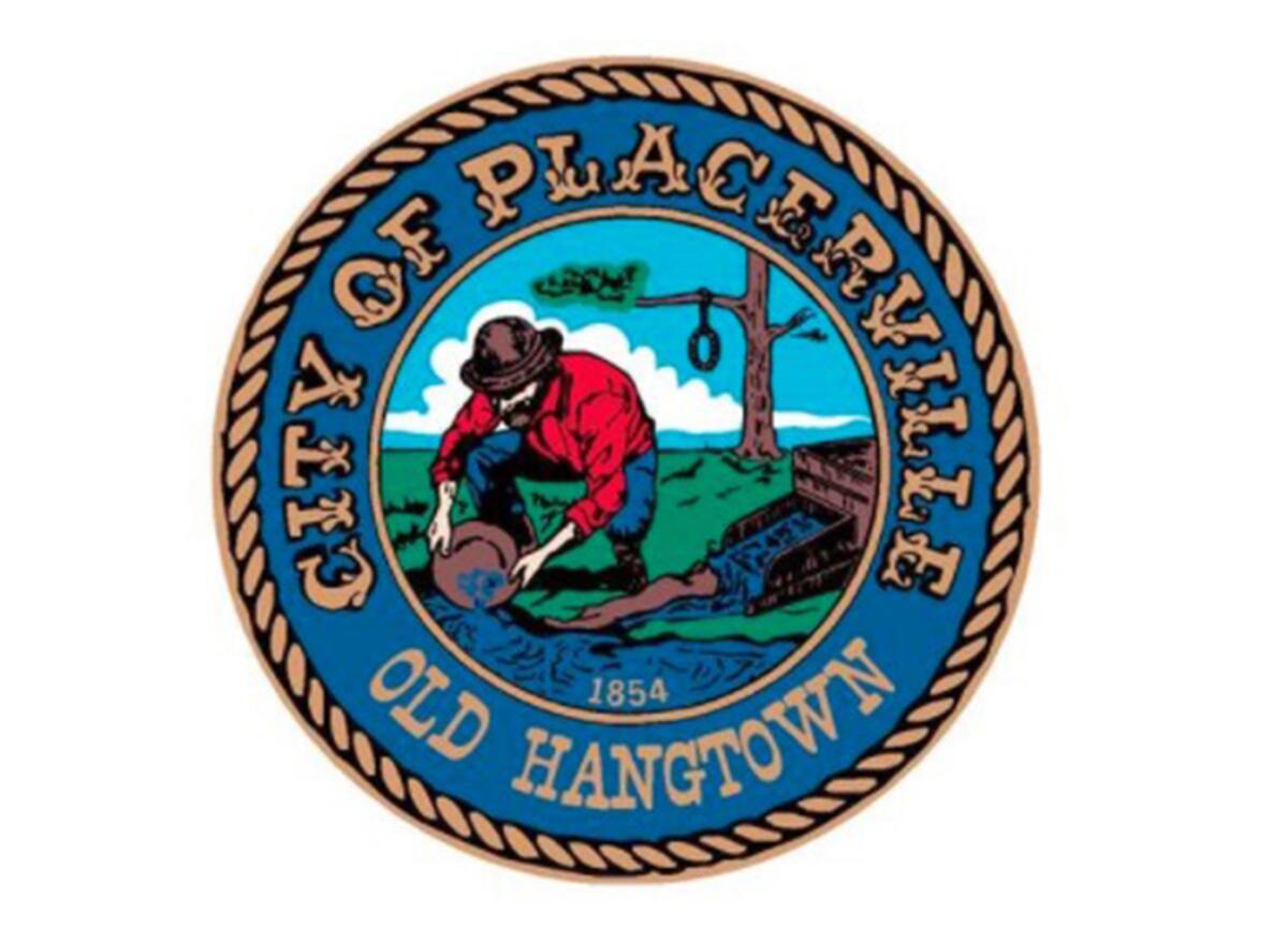 Seal of the city of Placerville, with the words Old Hangtown, a man panning for gold in a river, and a tree with a noose