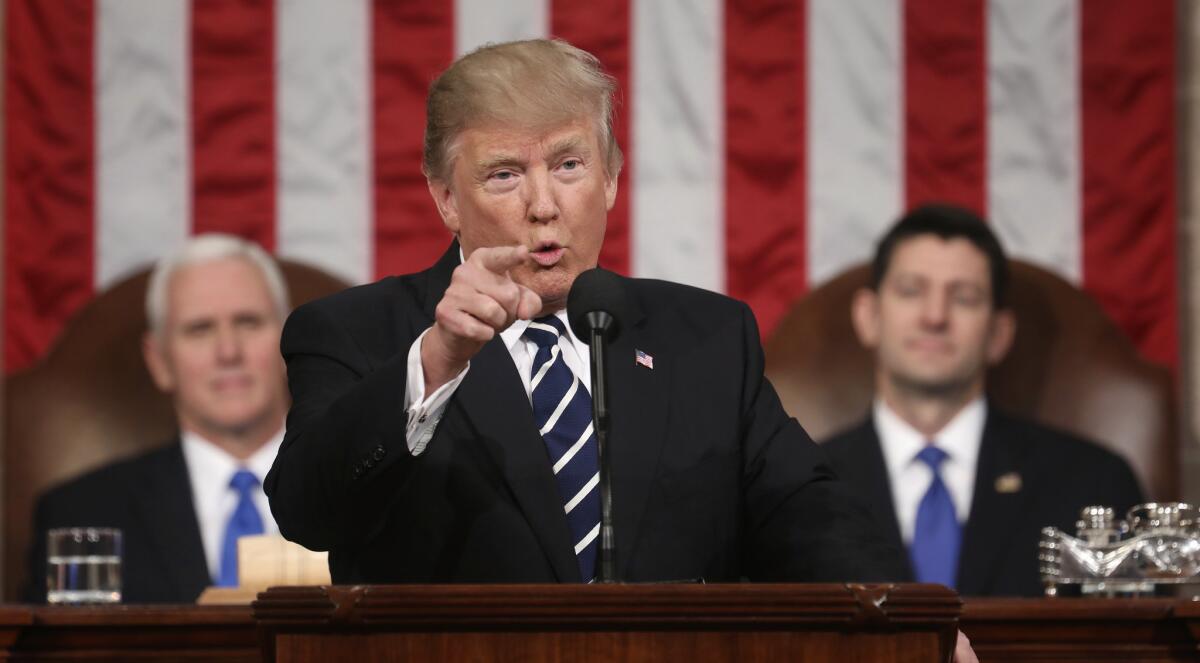 President Trump addresses a joint session of Congress on Feb. 28, 2017. Trump will deliver his first State of the Union address on Tuesday.