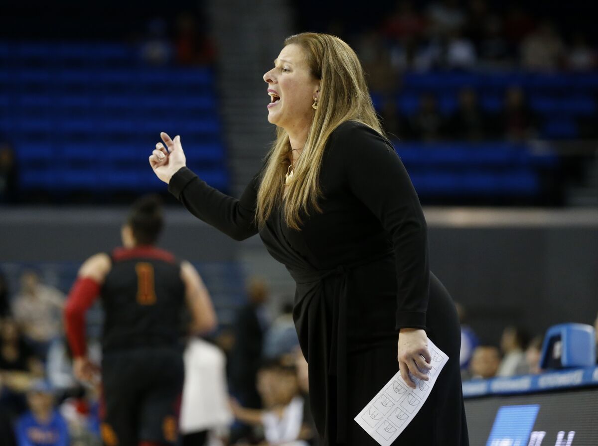 UCLA women's basketball coach Cori Close calls out instructions to her players during a game against USC on Dec. 29 at Pauley Pavilion.