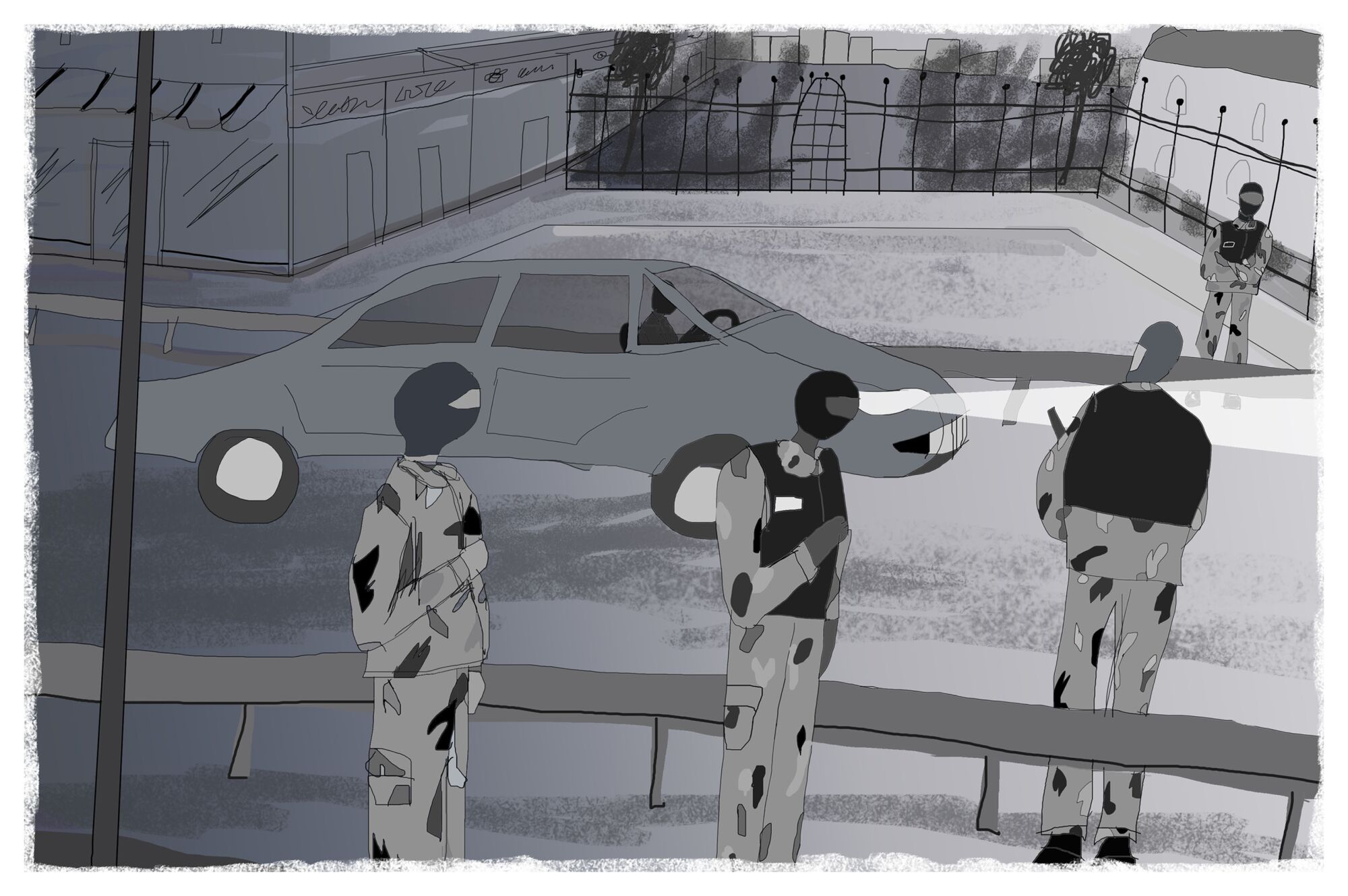 Black and white illustration of a car driving past National Guardsmen in the foreground and background.