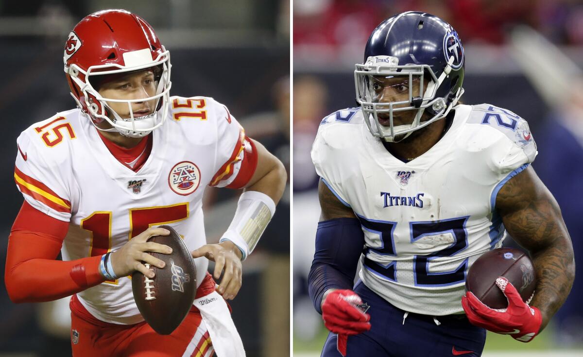 Chiefs quarterback Patrick Mahomes, left, and Titans running back Derrick Henry have been carried their team's offense to the championship game.