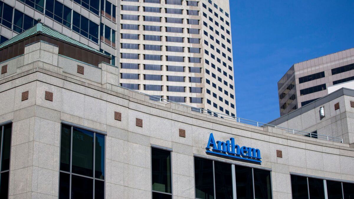 An exterior view of the Anthem Health Insurance headquarters in Indianapolis in February 2015.