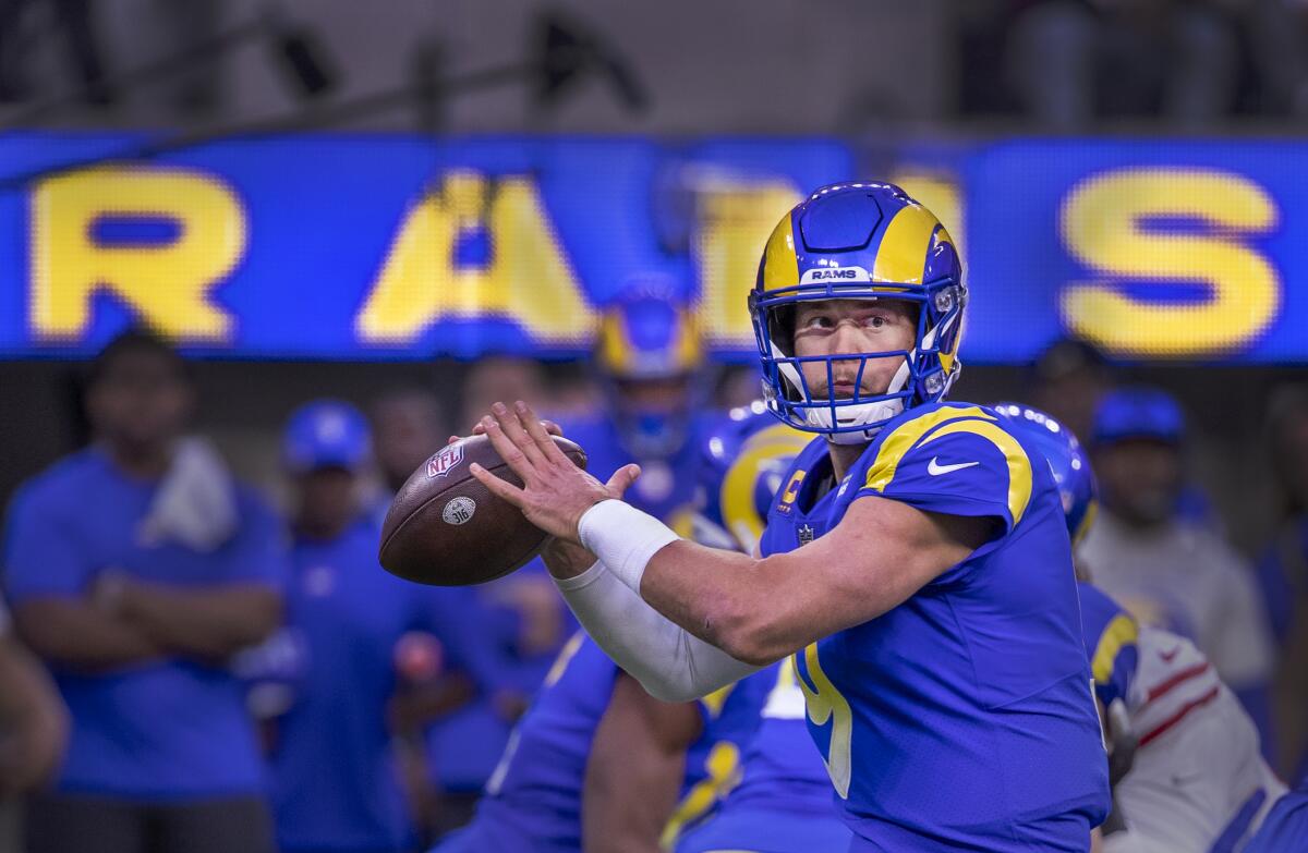 Rams quarterback Matthew Stafford looks to pass against the San Francisco 49ers in the NFC title game on Jan. 30.