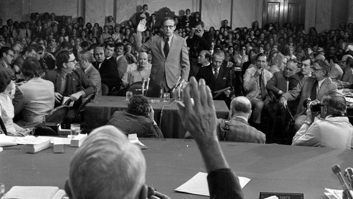 John Dean, who served as counsel to President Nixon, being sworn in at Senate Watergate hearings on June 25, 1973.