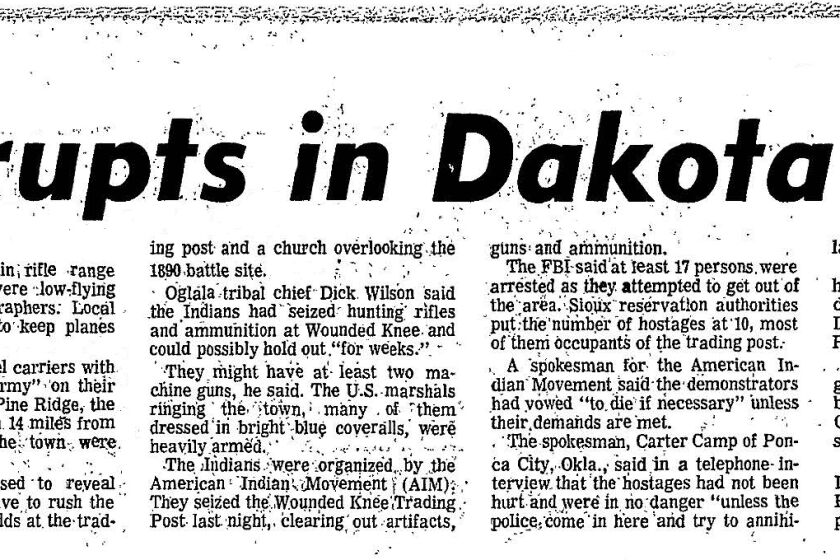 "Gunfire erupts in Dakota Sioux siege," from the front page of the the Evening Tribune, Wednesday, Feb. 28, 1973.