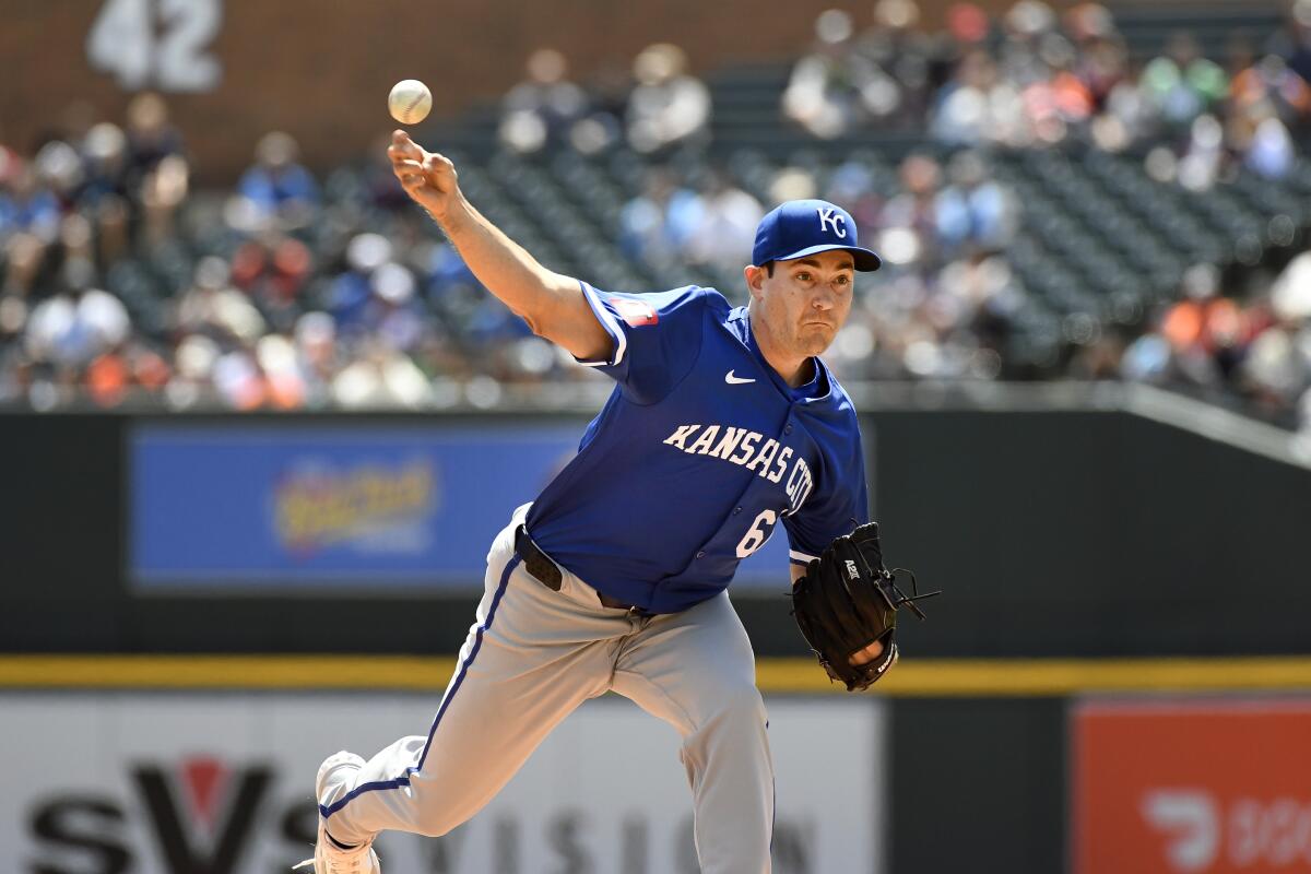 Kansas City Royals starting pitcher Seth Lugo throws against the Detroit Tigers in the first inning of a baseball game, Friday, April 26, 2024, in Detroit. (AP Photo/Jose Juarez)