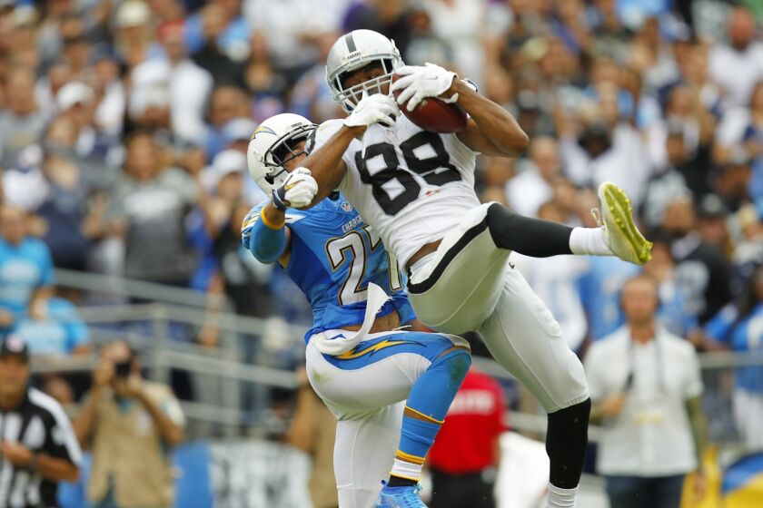 Raiders receiver Amari Cooper, the rookie sensation who vexed the Chargers on Sunday, makes a catch over defensive back Jimmy Wilson.