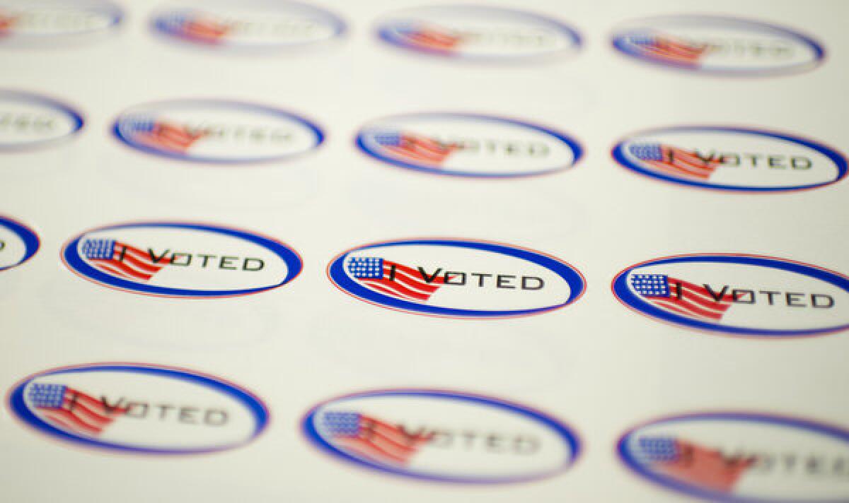 "I Voted" stickers are seen at a polling station in Los Angeles on May 21, 2013.