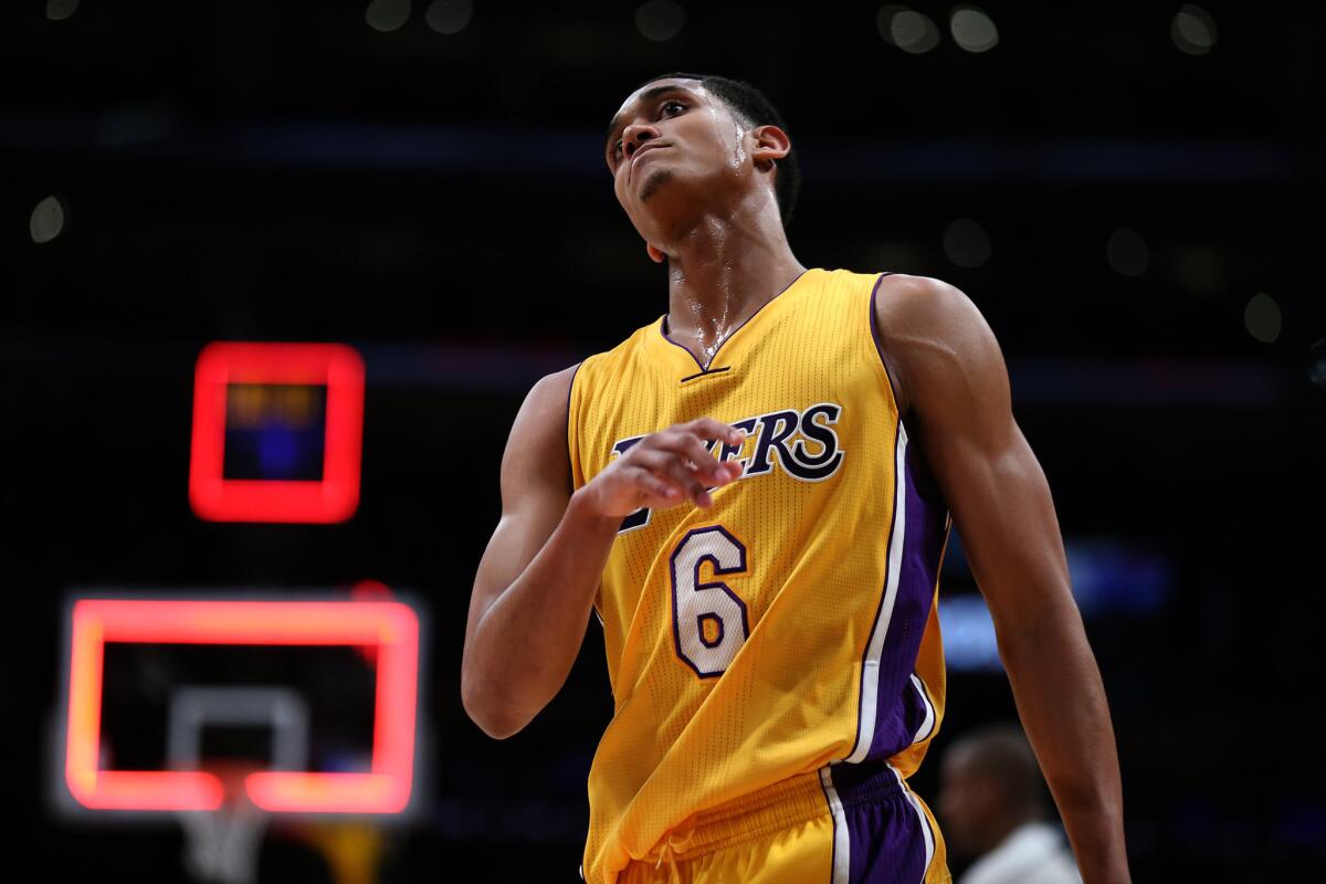 Lakers guard Jordan Clarkson catches his breath against the Mavericks as the first quarter ends during a game at Staples Center on Jan. 26.