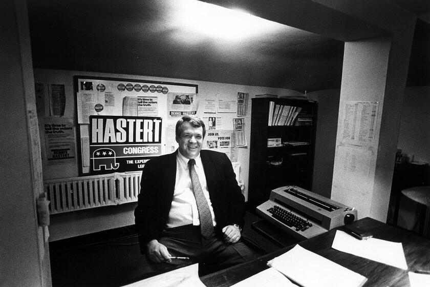 State Rep. Dennis Hastert savors his Congressional victory at his campaign office in the Baker Hotel in St. Charles, Ill. on Nov. 5, 1986.