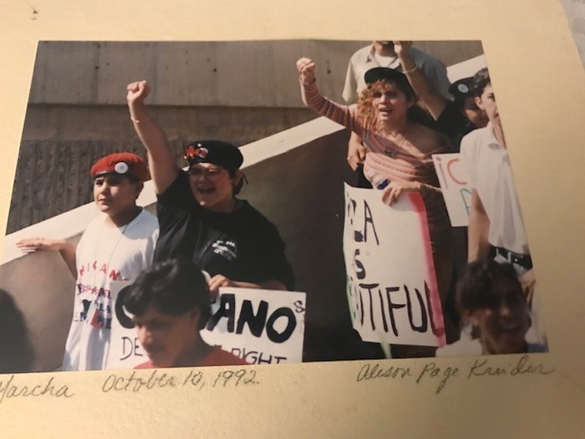 Guadalupe Rodriguez Corona marches in a protest on Oct. 10, 1992