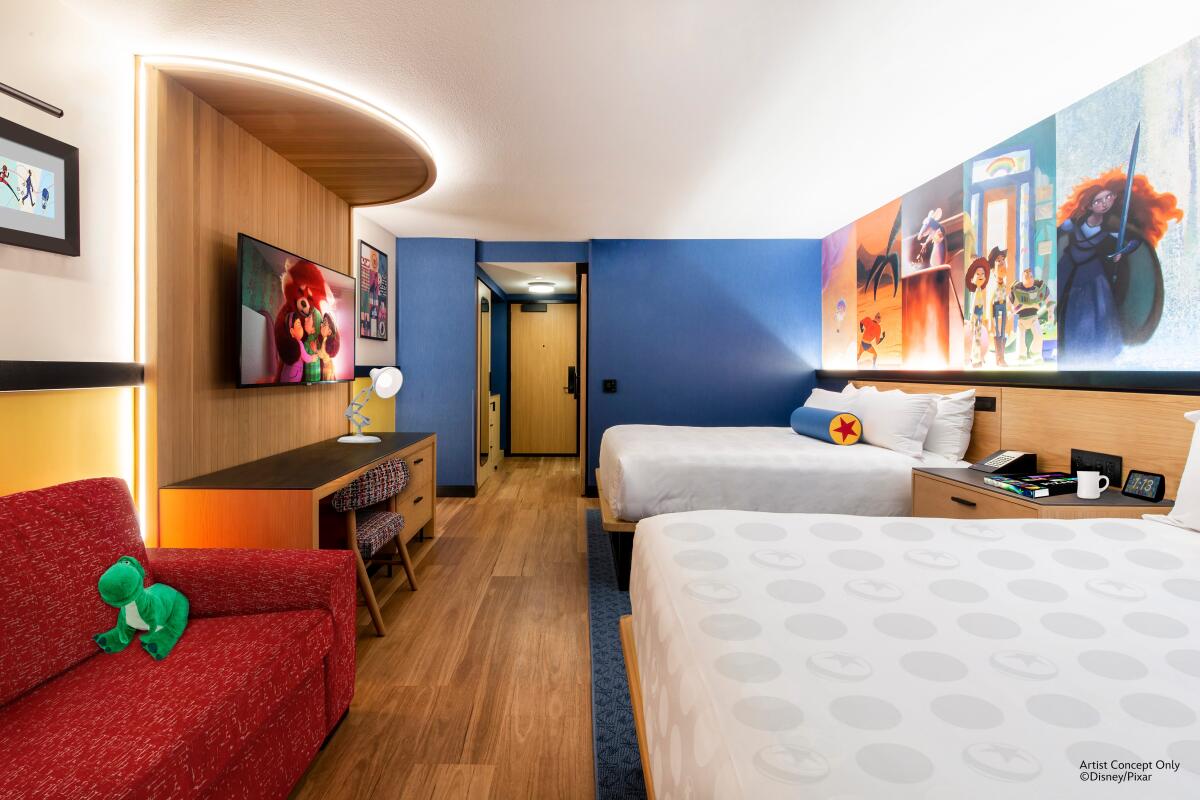 Concept art for the Pixar Place hotel's new rooms shows an influx of animation-themed artwork.