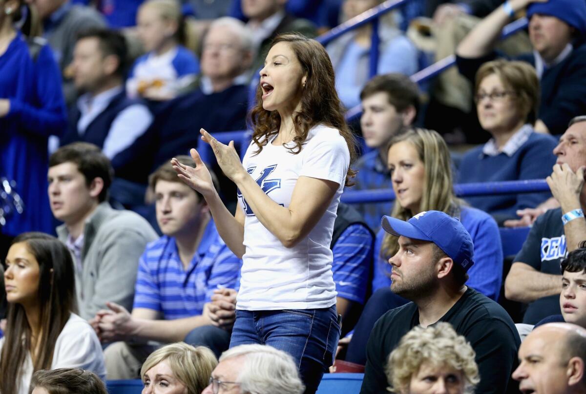 Ashley Judd cheers for the Kentucky Wildcats during a game against the Florida Gators at Rupp Arena on March 7.